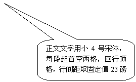 圆角矩形标注: 正文文字用小4号宋体，每段起首空两格，回行顶格，行间距取固定值23磅